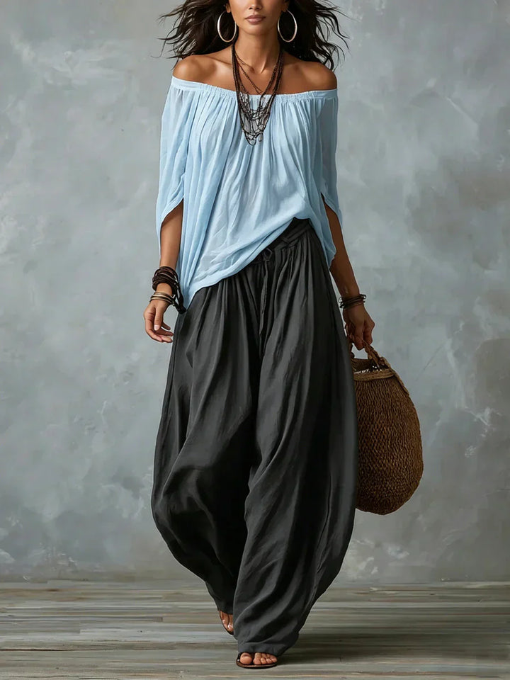 Ottavia - Coordinato con top boho con scollo Bardot e pantaloni harem
