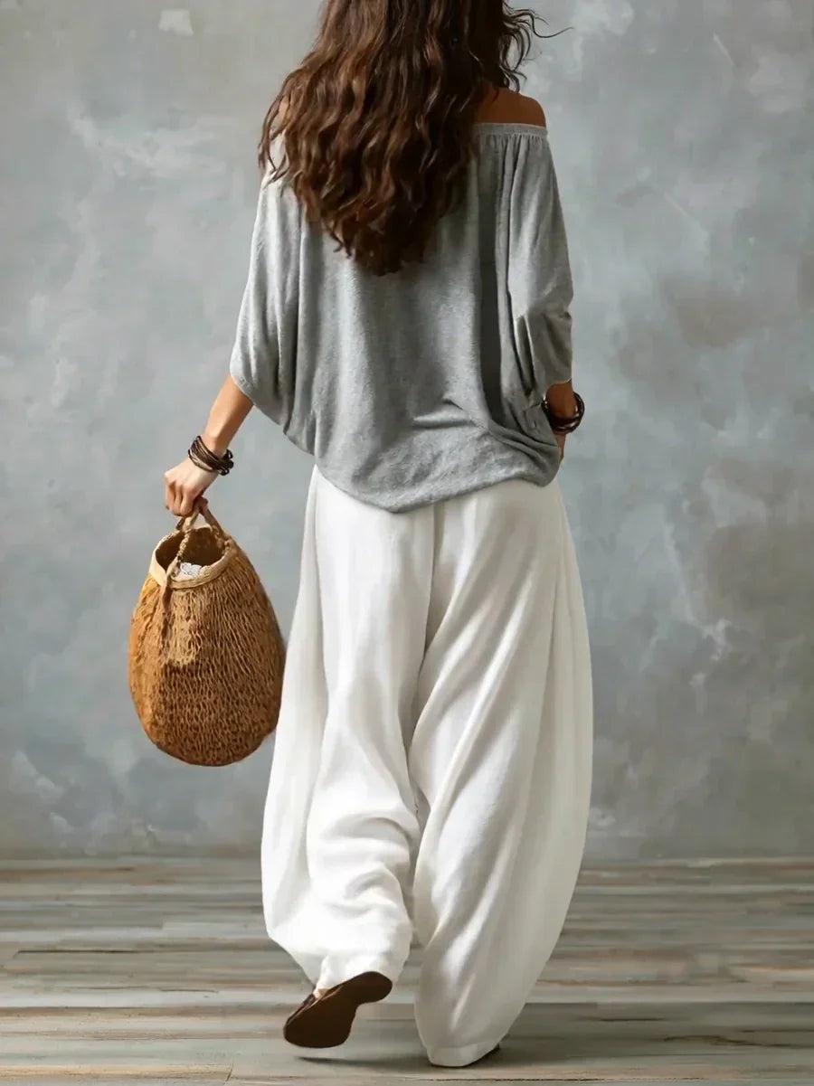 Ottavia - Coordinato con top boho con scollo Bardot e pantaloni harem