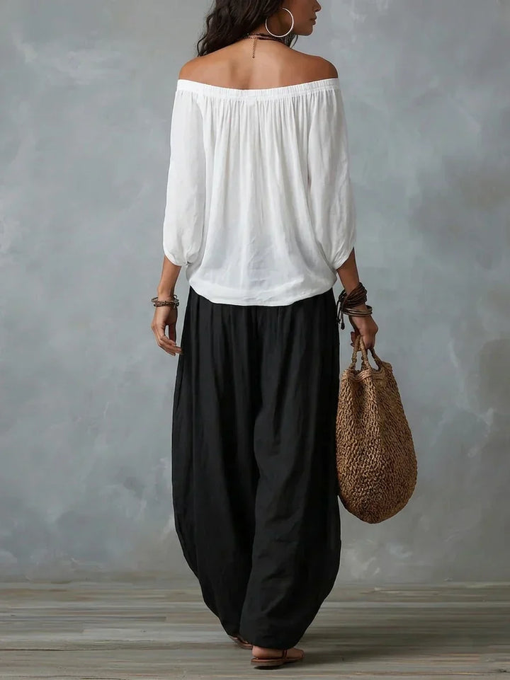 Ottavia - Coordinato con top boho con scollo Bardot e pantaloni harem