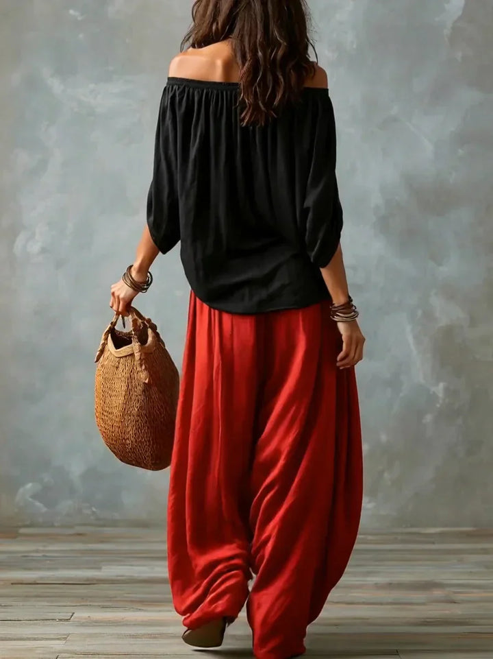 Ottavia - Coordinato con top boho con scollo Bardot e pantaloni harem