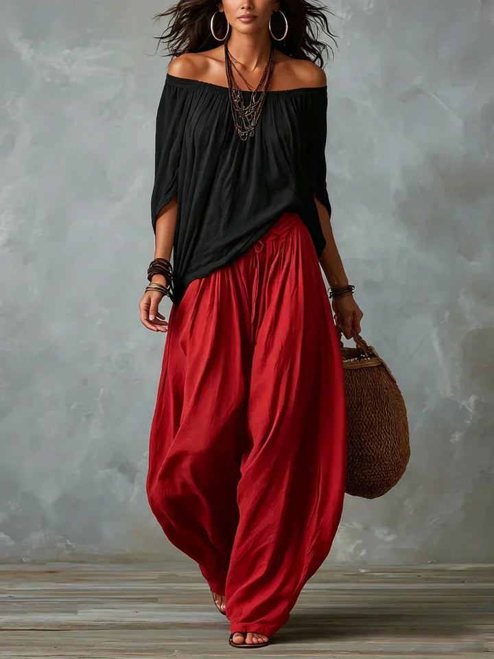 Ottavia - Coordinato con top boho con scollo Bardot e pantaloni harem