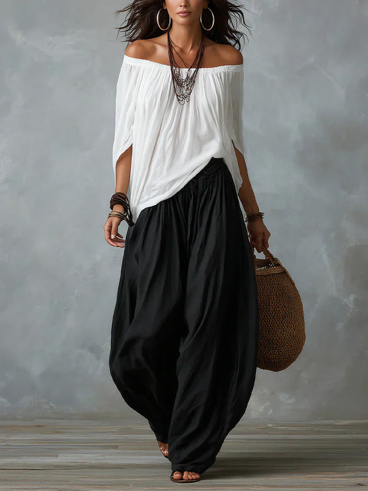 Ottavia - Coordinato con top boho con scollo Bardot e pantaloni harem