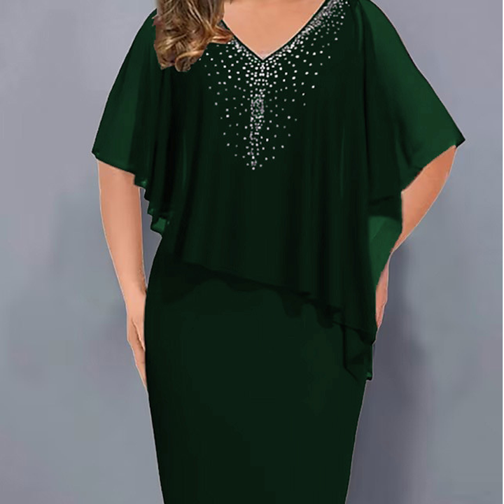 Lirienne - Abito midi in raso con scollo a V e strass di pregio