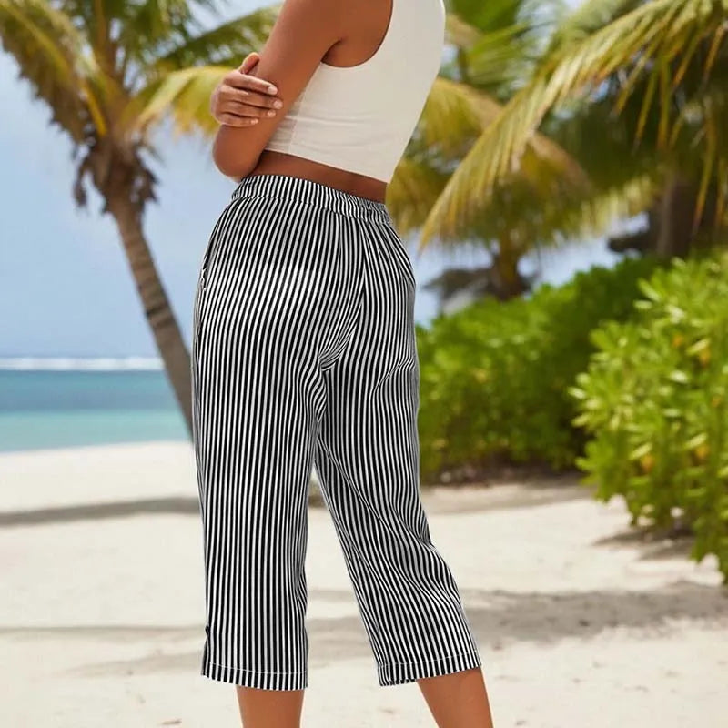 Roselina - Pantaloni capri a righe con coulisse