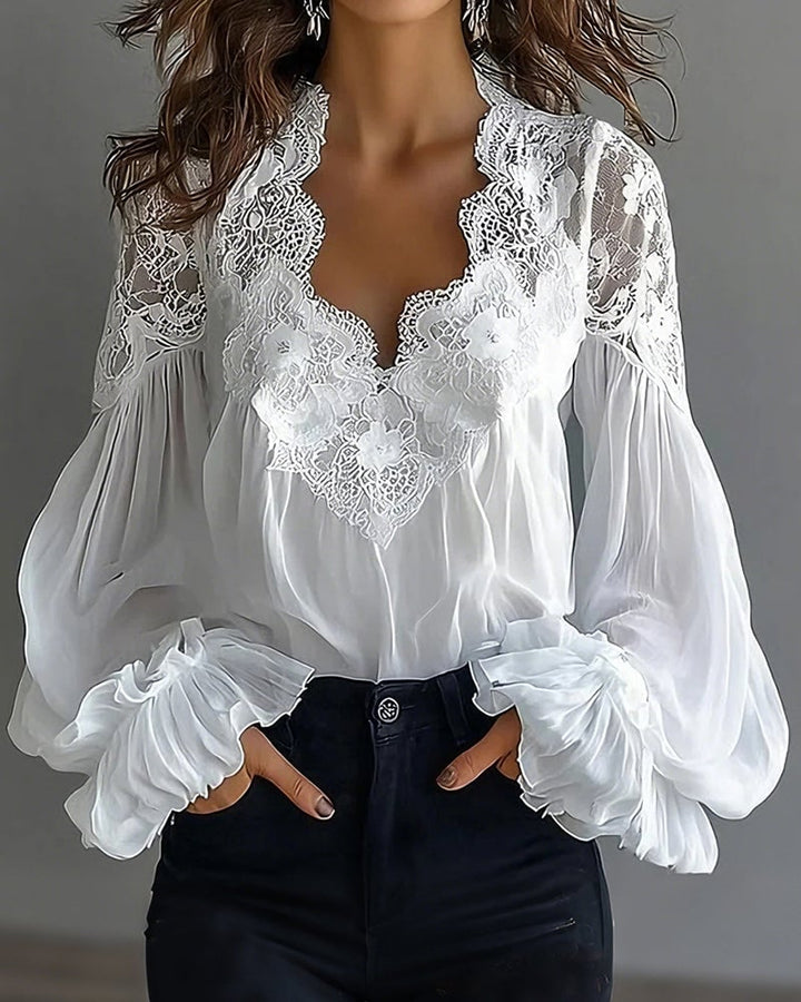 Celinrae - Blusa in pizzo con maniche lunghe e scollo a V