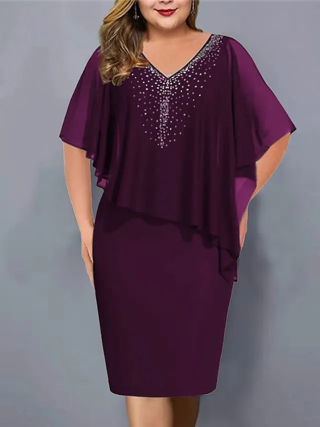 Lirienne - Abito midi in raso con scollo a V e strass di pregio