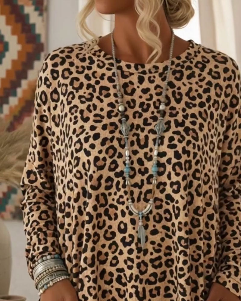 Primelia - Top a maniche lunghe leopardato, morbido al tatto
