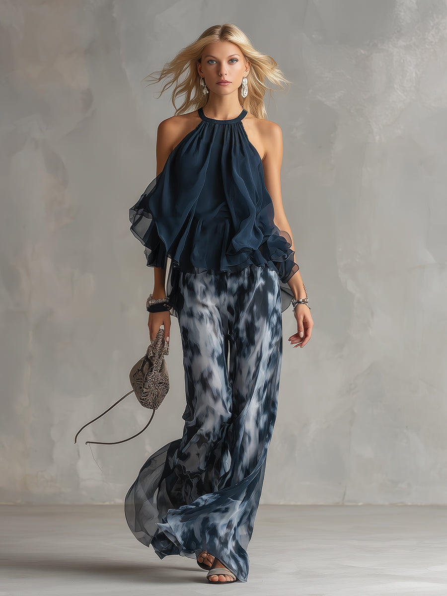 Norelda - Completo elegante con top a collo alto e pantaloni a gamba larga