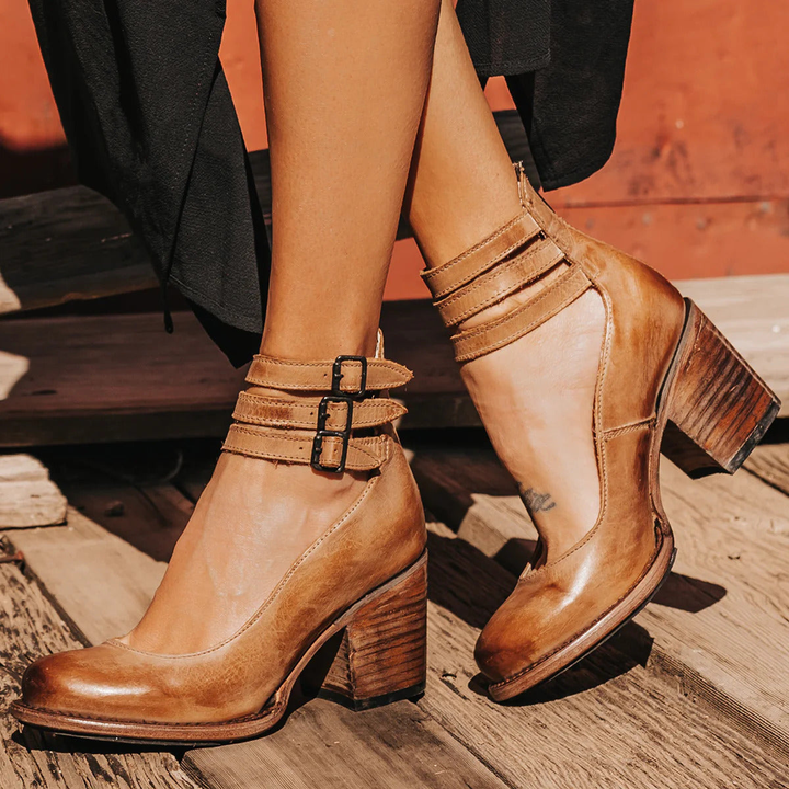 Philomena - Scarpe con tacco e cinturino alla caviglia in pelle effetto vintage
