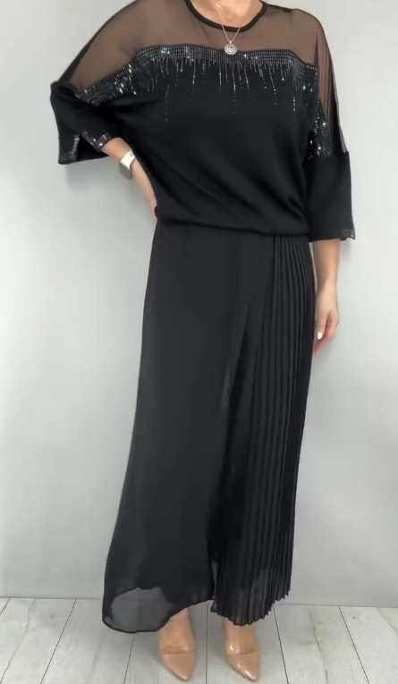 Caia - Coordinato due pezzi con pantaloni plissé decorati
