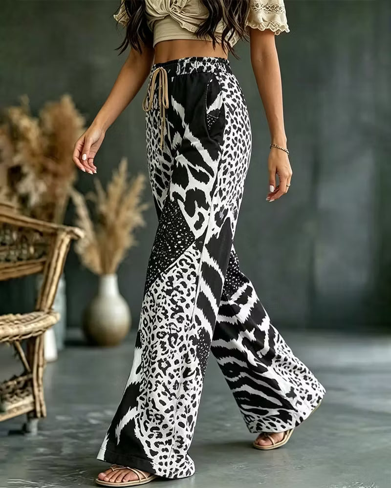 Elfrida - Pantaloni a gamba larga in patchwork leopardato, morbidi al tatto