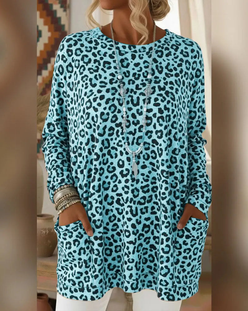 Primelia - Top a maniche lunghe leopardato, morbido al tatto