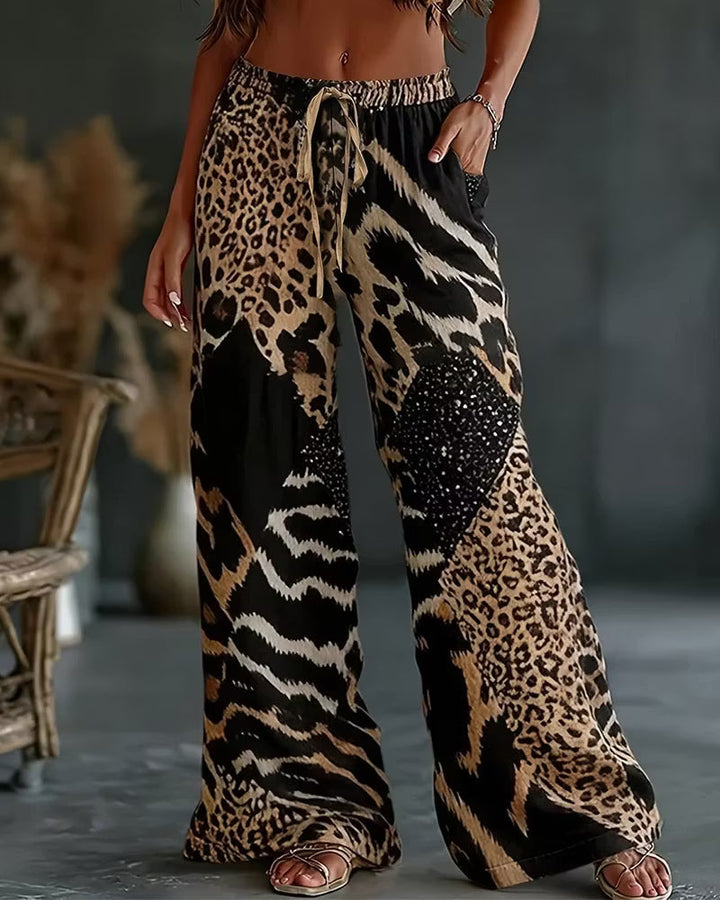 Elfrida - Pantaloni a gamba larga in patchwork leopardato, morbidi al tatto