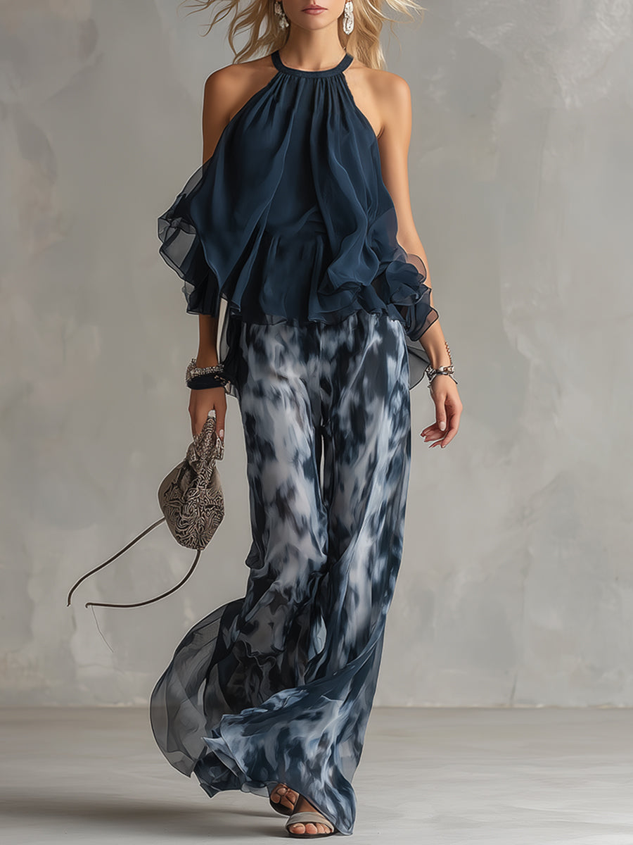 Norelda - Completo elegante con top a collo alto e pantaloni a gamba larga