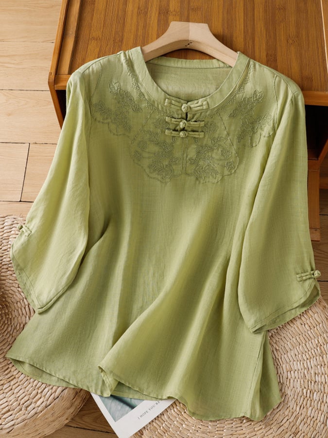 Cressida - Blusa con collo alla coreana ricamato