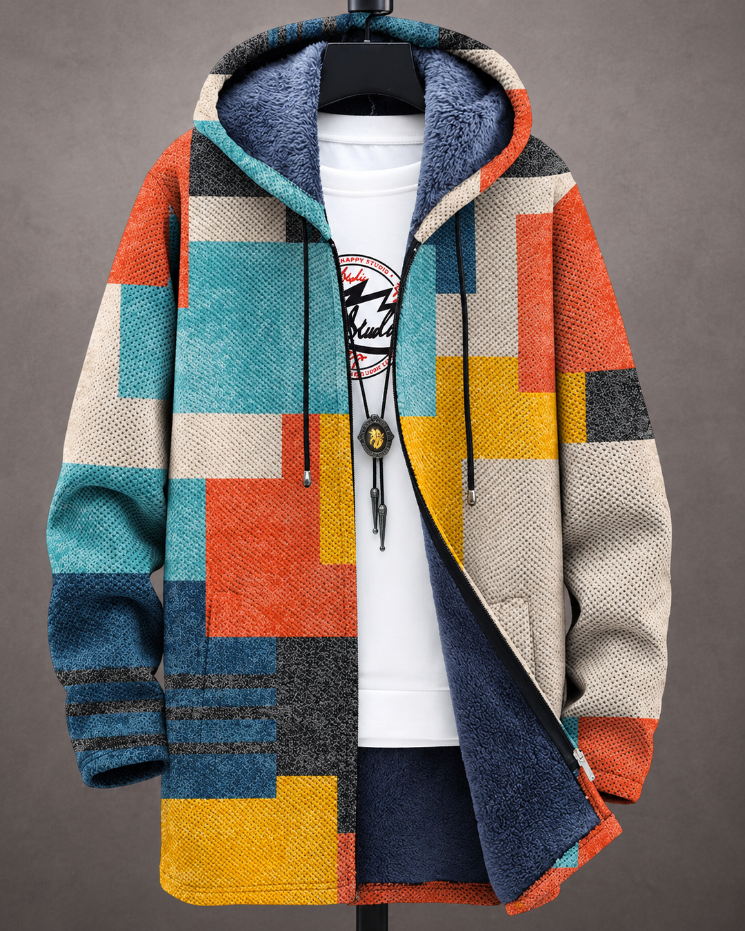 Betha - Giacca con cappuccio foderata in peluche a motivo geometrico