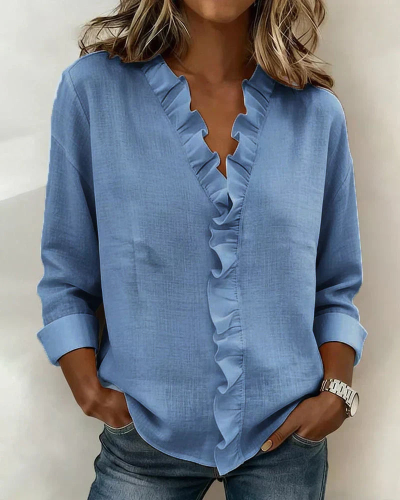 Brinae - Blusa a maniche lunghe con scollo a V arricciato, morbida al tatto
