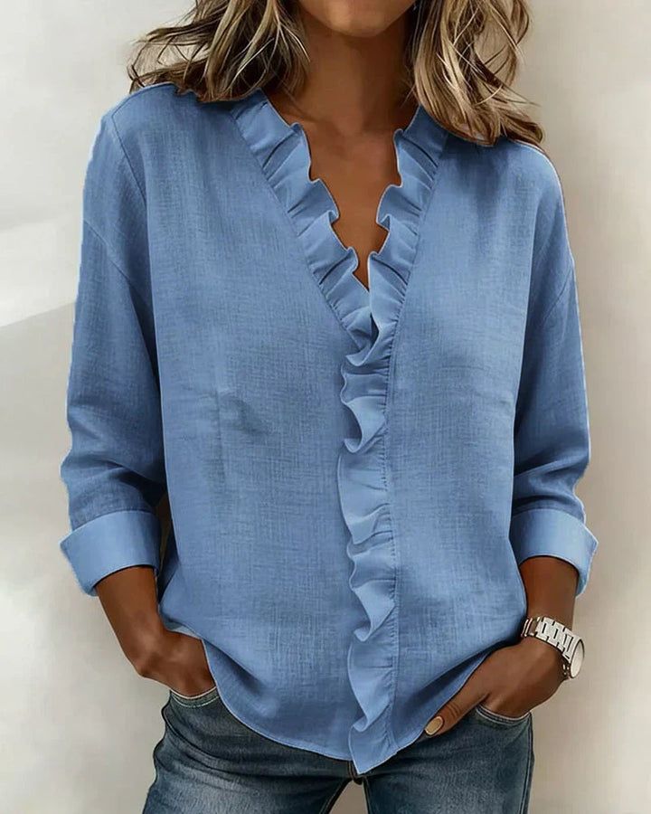 Brinae - Blusa a maniche lunghe con scollo a V arricciato, morbida al tatto