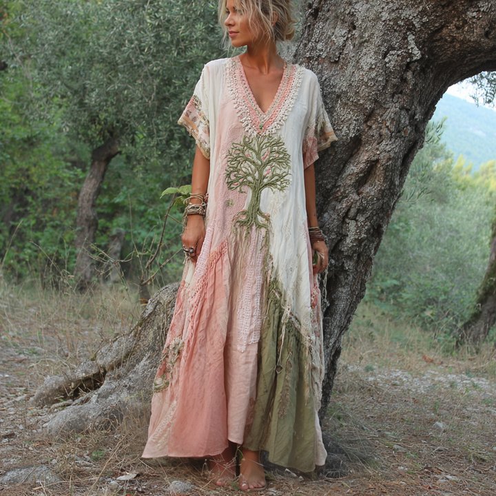 Carivienne - Abito lungo vintage con stampa albero