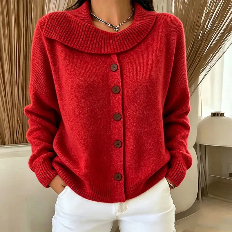 Elowette - Cardigan in maglia con scollo ampio e bottoni
