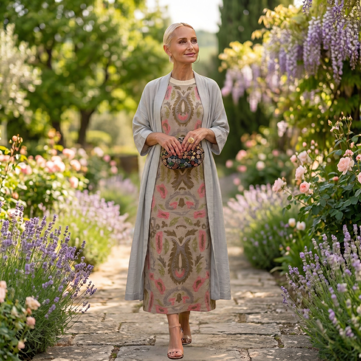 Lilith - Coordinato con abito midi stampato e cardigan lungo