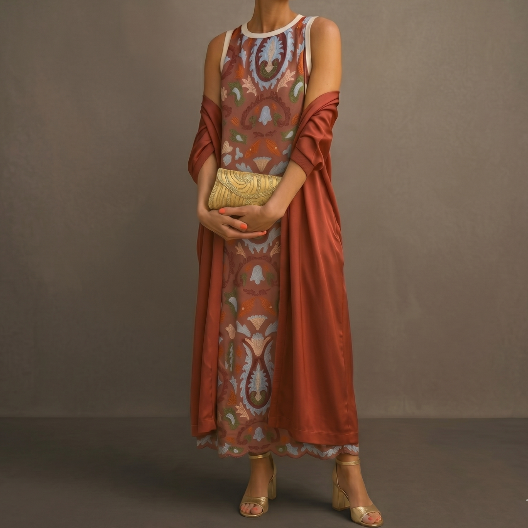 Lilith - Coordinato con abito midi stampato e cardigan lungo