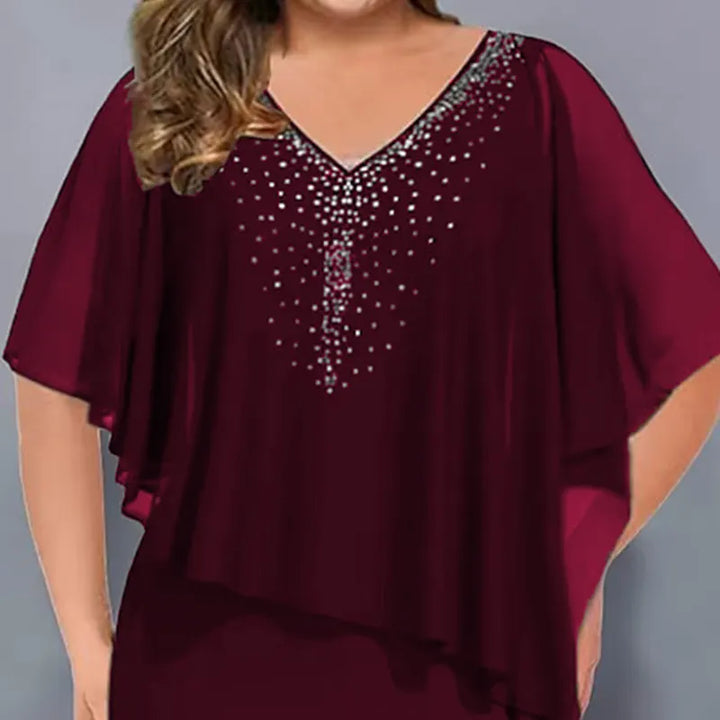 Lirienne - Abito midi in raso con scollo a V e strass di pregio