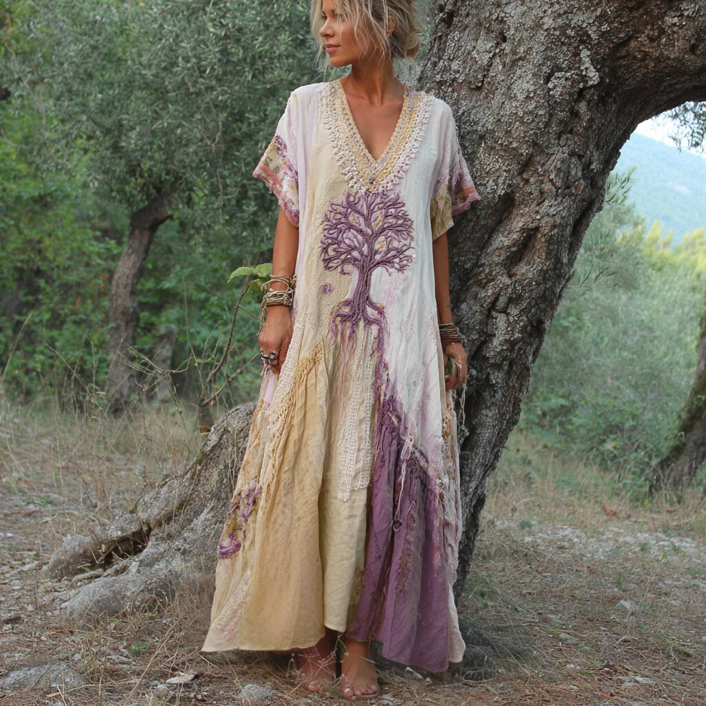 Carivienne - Abito lungo vintage con stampa albero