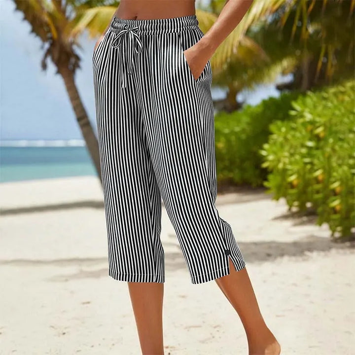 Roselina - Pantaloni capri a righe con coulisse