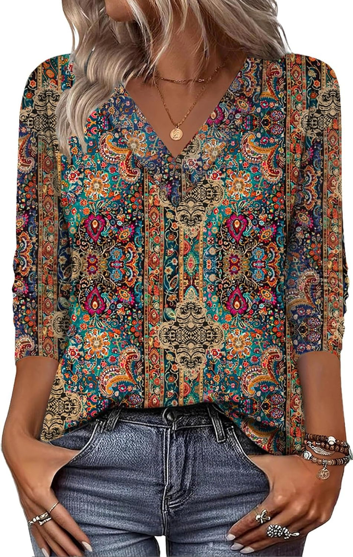 Arianwen - Blusa stampata con scollo a V dalla mano morbida