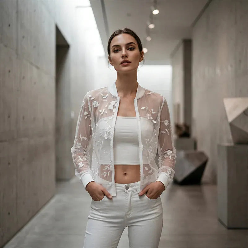 Aderisse - Cardigan trasparente con chiusura a zip e motivo floreale