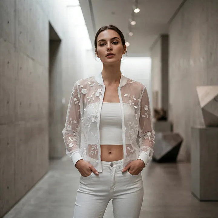 Aderisse - Cardigan trasparente con chiusura a zip e motivo floreale
