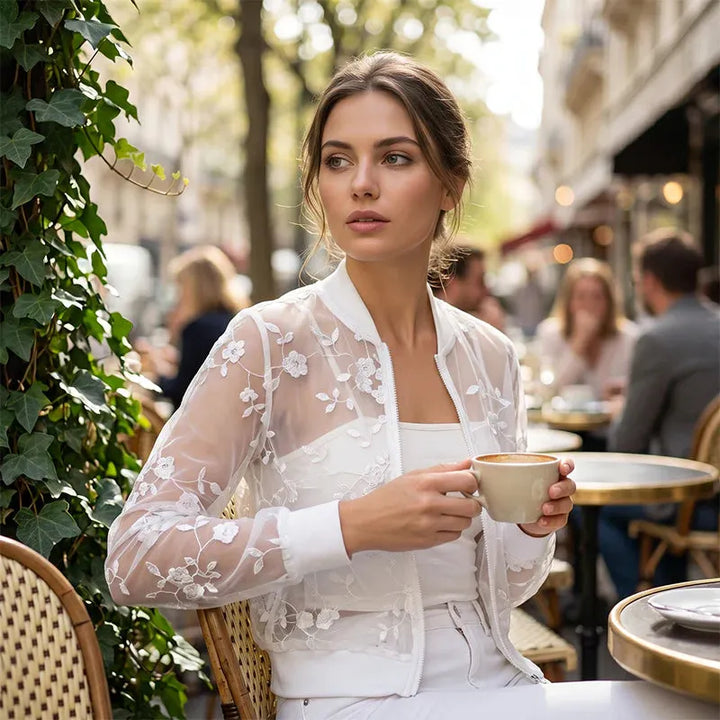 Aderisse - Cardigan trasparente con chiusura a zip e motivo floreale