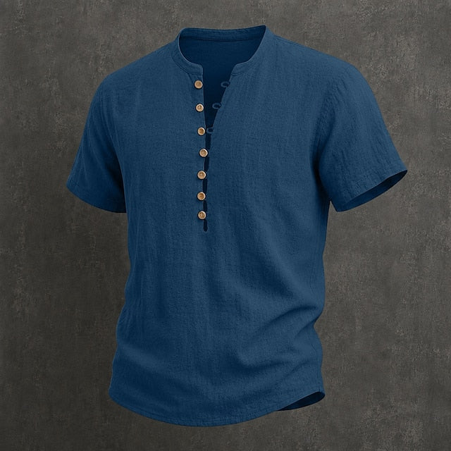 Fulton - Camicia in lino pregiato a maniche corte con collo alla coreana