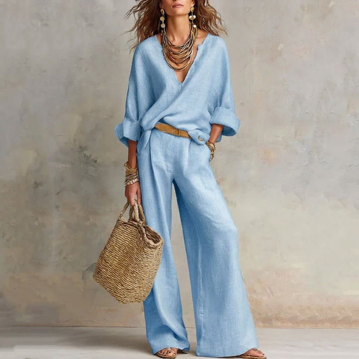 Zelora - Completo con top leggero a scollo a V e pantaloni a gamba larga