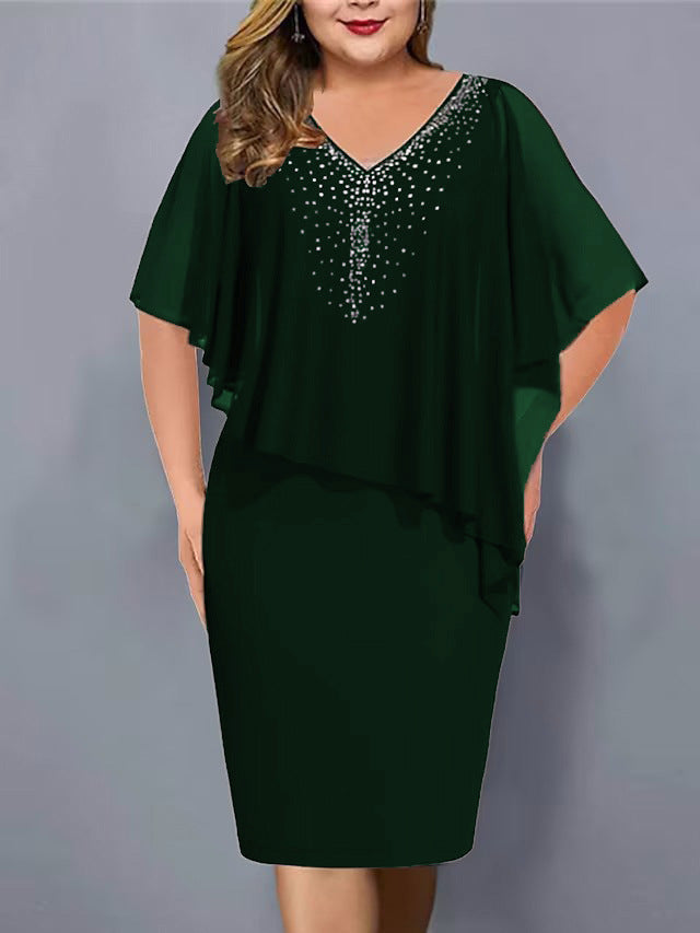 Lirienne - Abito midi in raso con scollo a V e strass di pregio