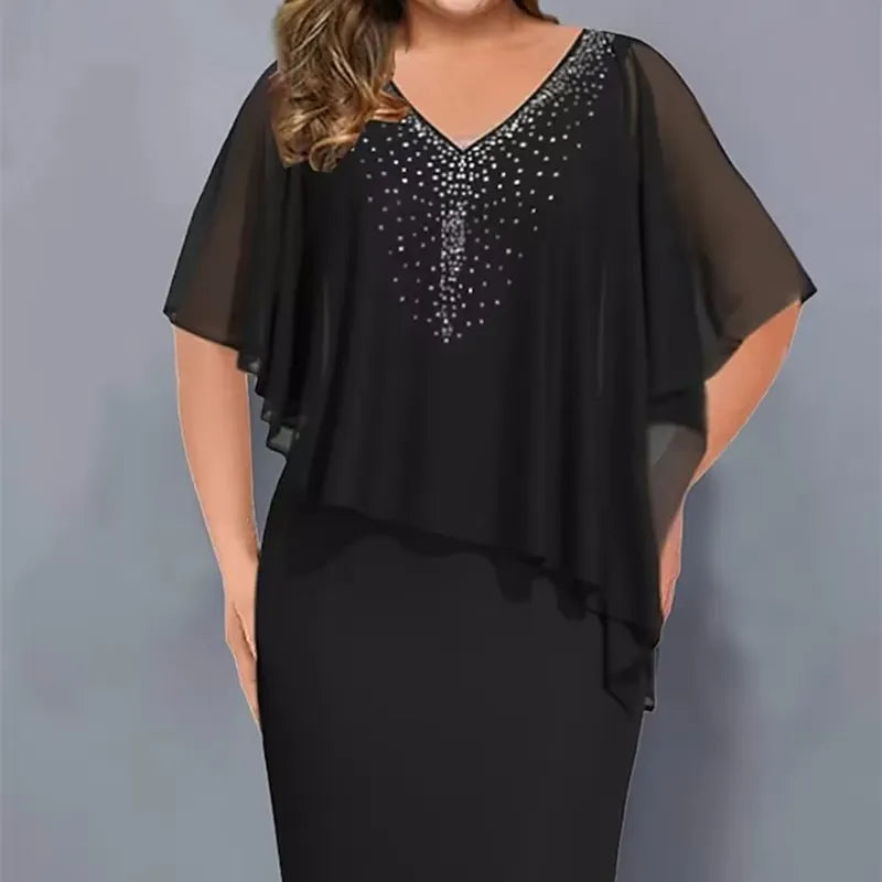 Lirienne - Abito midi in raso con scollo a V e strass di pregio