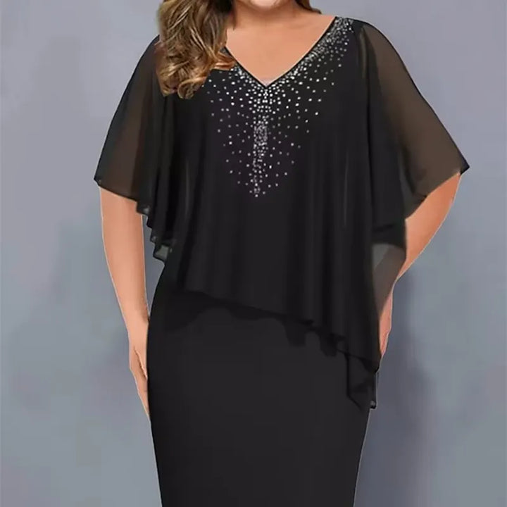 Lirienne - Abito midi in raso con scollo a V e strass di pregio