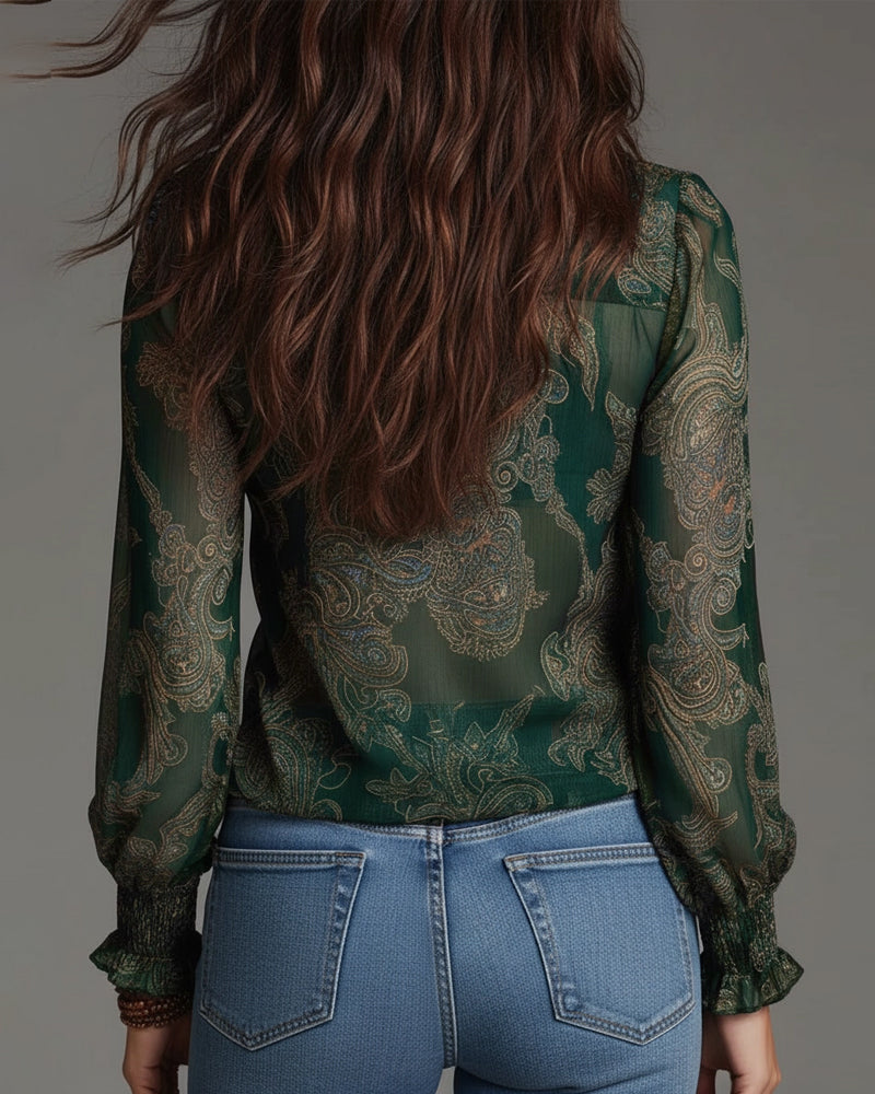 Norayi - Blusa in stampa soft-touch con maniche a volant e scollo a V