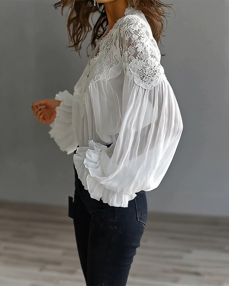 Celinrae - Blusa in pizzo con maniche lunghe e scollo a V