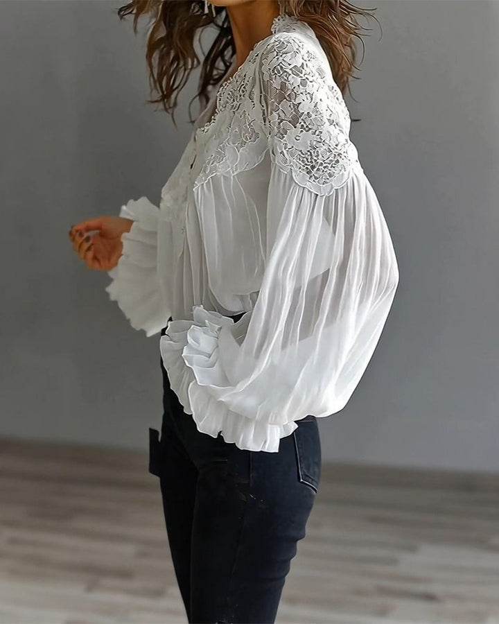 Celinrae - Blusa in pizzo con maniche lunghe e scollo a V