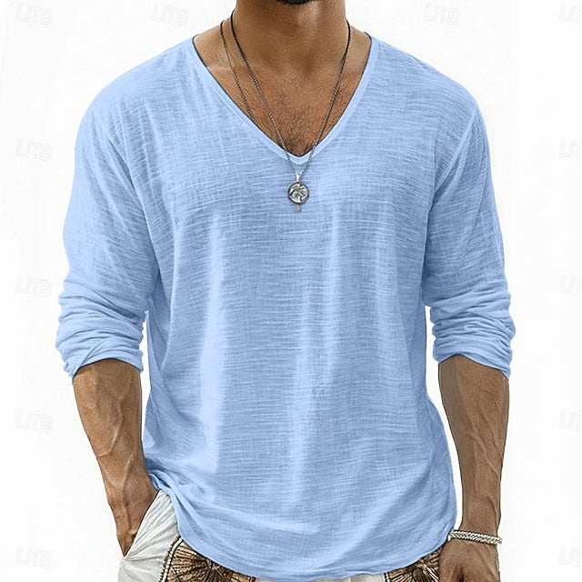 Crispin - Camicia in lino traspirante a maniche lunghe con scollo a V