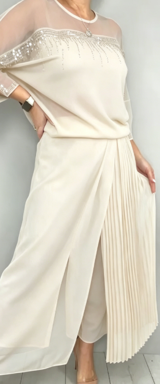 Caia - Coordinato due pezzi con pantaloni plissé decorati