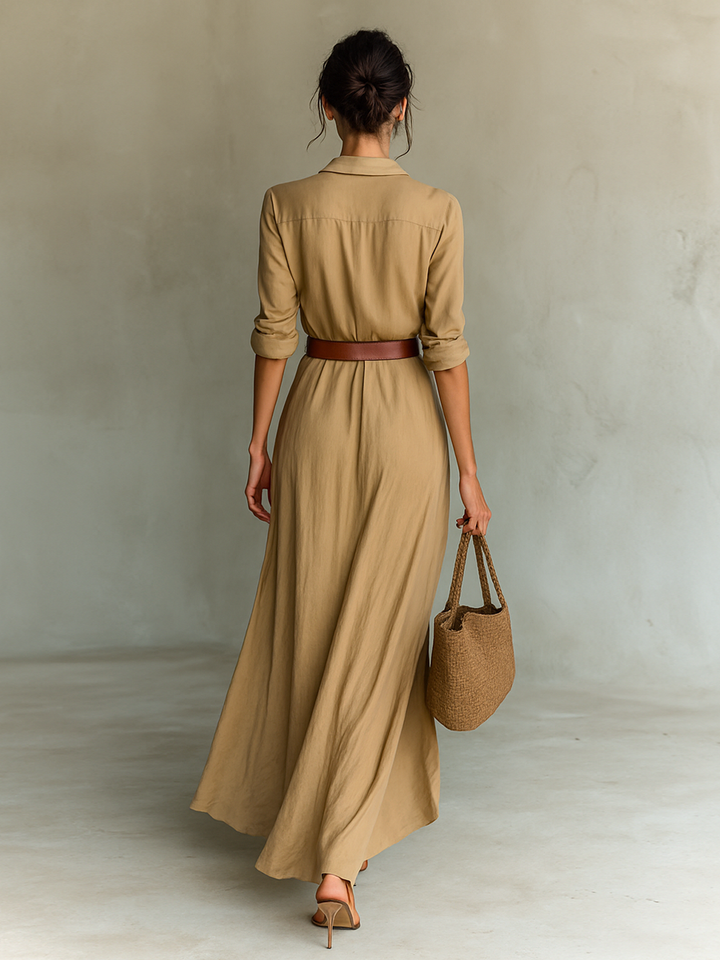 Calantha - Abito chemisier maxi con cintura, morbido al tatto