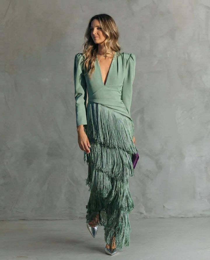 Serenva - Abito midi elegante con frange sulle maniche