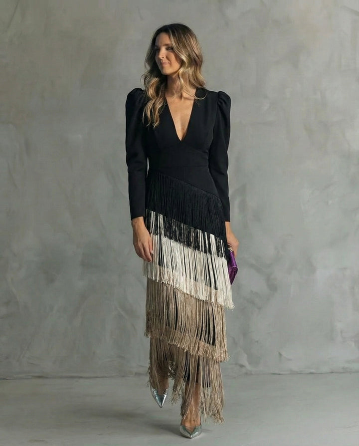 Serenva - Abito midi elegante con frange sulle maniche