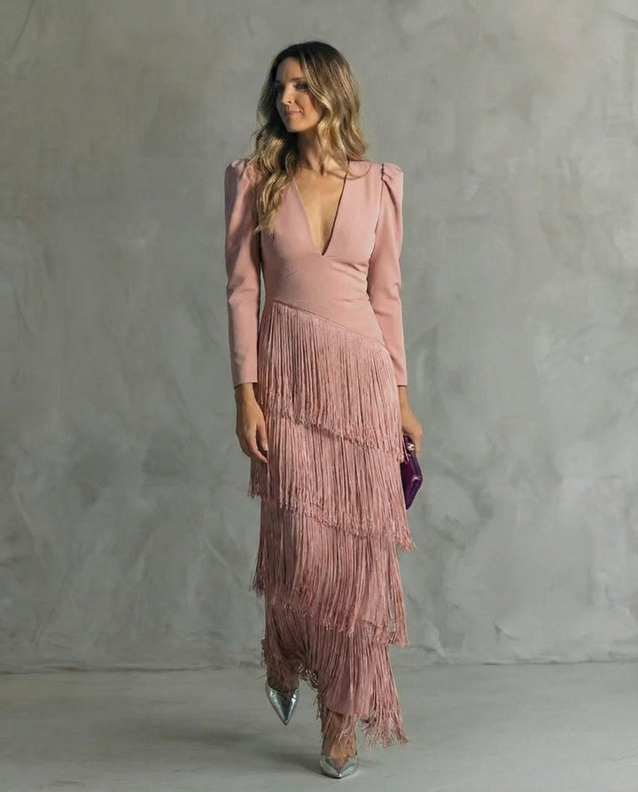 Serenva - Abito midi elegante con frange sulle maniche