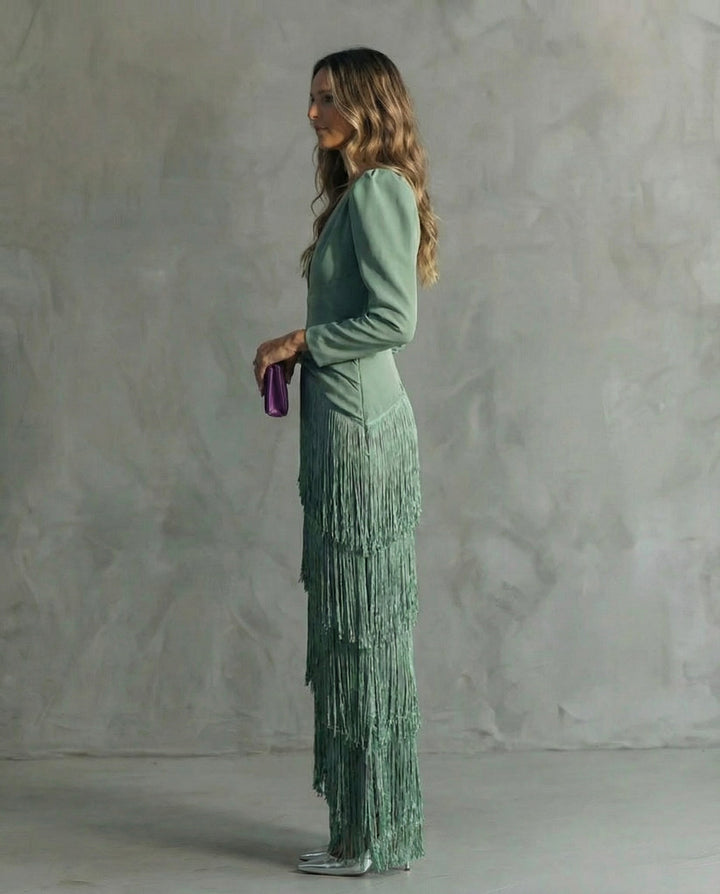 Serenva - Abito midi elegante con frange sulle maniche