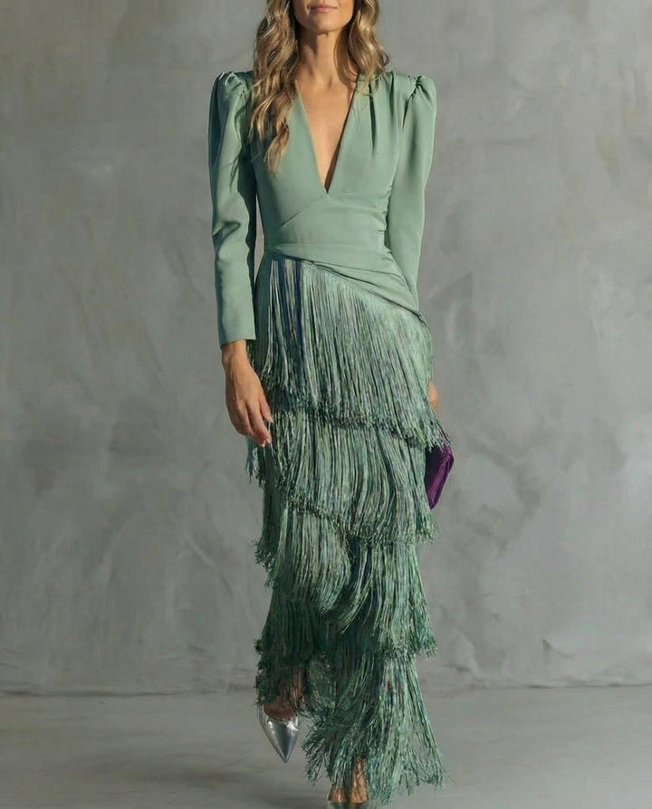 Serenva - Abito midi elegante con frange sulle maniche