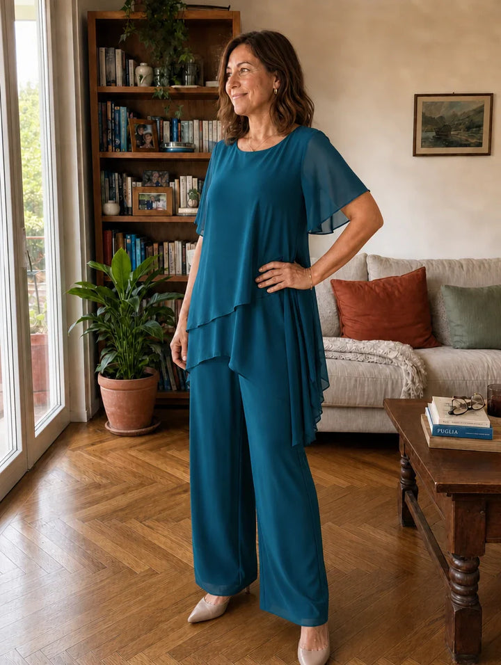 Dahlia - Coordinato con top in chiffon a strati e pantaloni a gamba larga